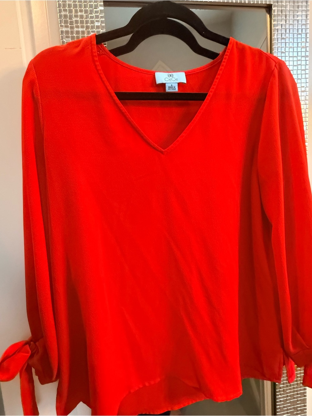 CeCe Bright Red V-Neck Long-Sleeve Blouse with Tie Cuffs